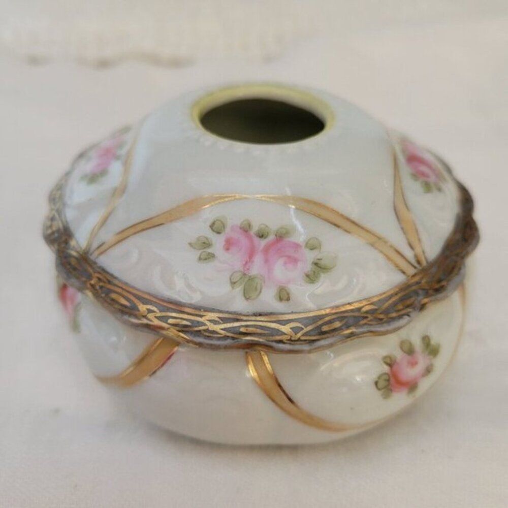 Antique Nippon Hair Receiver Painted "E E" Japan Porcelain Victorian Roses gold - Picture 3 of 8